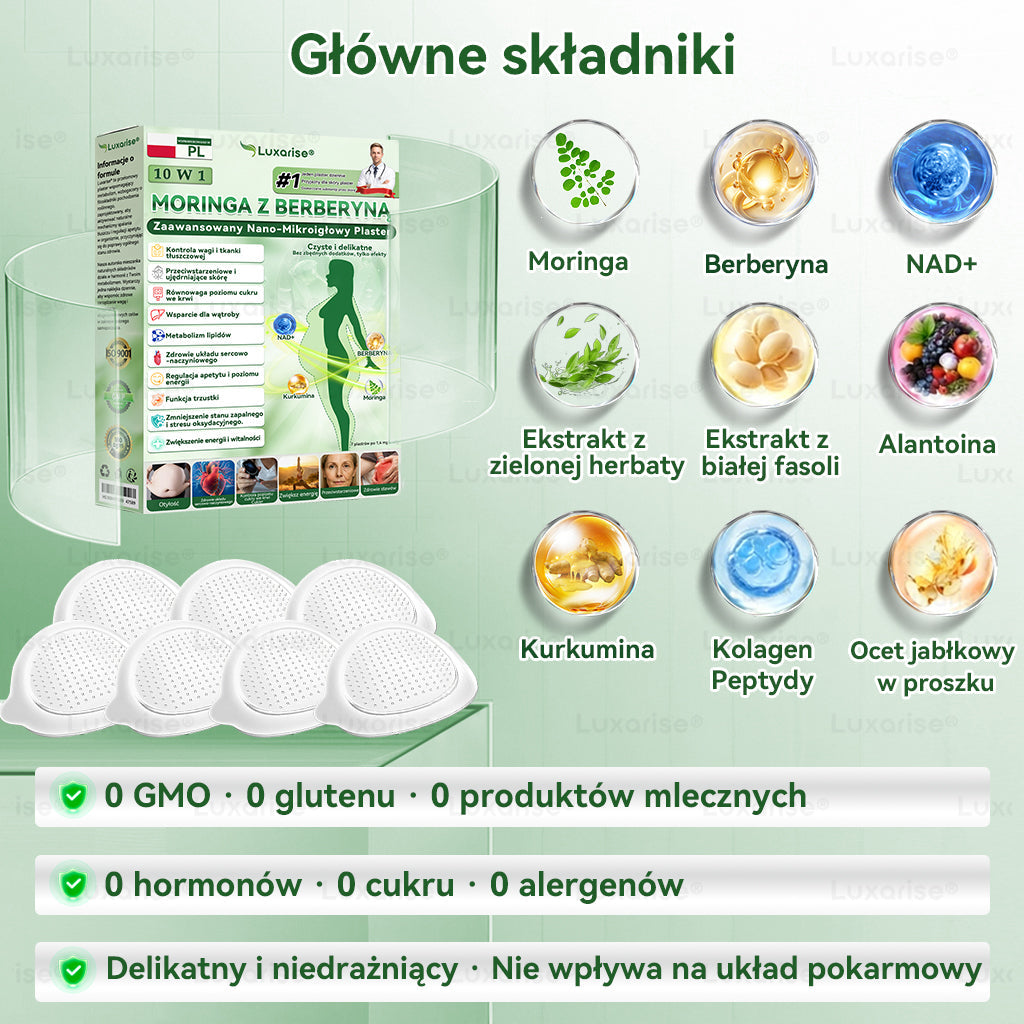 Oficjalny sklep| 𝑳𝒖𝒙𝒂𝒓𝒊𝒔𝒆® MORINGA Z BERBERYNA 10W1 Zaawansowany Nano-Mikroigłowy Plaster(Stosować raz na dobę, zauważalne efekty w ciągu 7 dni)🛒Otyłość, cukrzyca, bezdech senny oraz schorzenia stawów 🏆